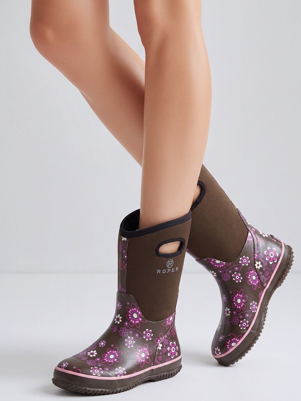 🩵NIB Roper Brown & Pink Floral Waterproof Neoprene & Rubber Boots Size 8